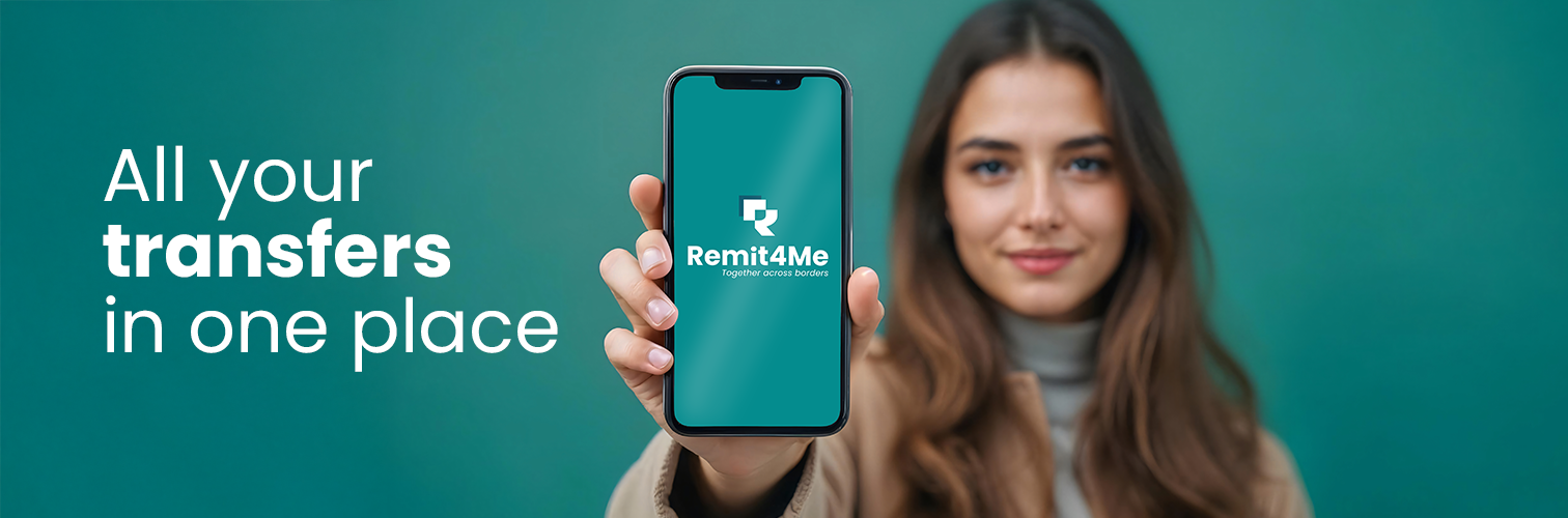Woman holding Remit4Me phone — All your transfers in one place